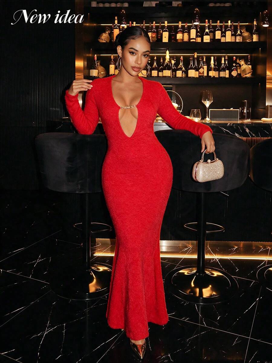 New Idea Women Red Fuzzy Knit Deep Cutout Chain Detail Long Sleeve Mermaid Maxi Dress - Red - View 1