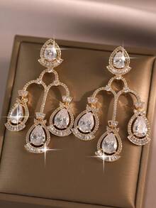 1pair Elegant Tassel Vintage Water Drop Design Cubic Zirconia Pendant Earrings For Daily Wear,Date,Wedding,Party,Anniversary Gift - Yellow Gold - View 10