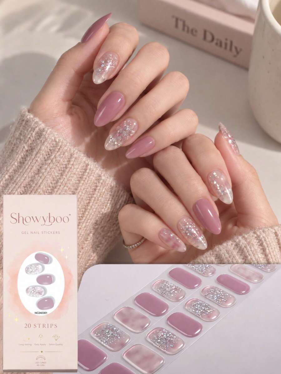 Showyboo 半固化凝膠美甲貼片 20 片裝，灰玫瑰漸層銀色亮片美甲貼紙，暖秋中性日常設計自黏美甲貼，適合辦公穿搭、秋季通勤與咖啡廳約會