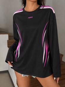 Kaos Olahraga Lengan Panjang Wanita Motif Garis Huruf dan Blok Warna, Kerah Bulat - Hitam - View 5
