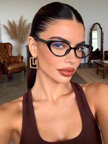 1 Pair Women's Cat-Eye Black Minimalist Versatile Non-Prescription Glasses, Suitable For Daily Wear, Commuting, Studying - Black Flat - View 3