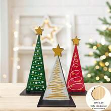 2D Flat, 3pcs Wooden Bohemian Style Christmas Tree Set Decor, With Rustic And Woodland Decorations, Topped With A Star, Suitable For Shelves, Windowsills And Desktops | Warm Holiday Gift For Any Space, Halloween/Christmas Decorations - 3-piece Christmas Tree - View 2