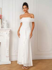 PARTHEA Women's Elegant Off-Shoulder Ruched Waist Long Dress, White Ruffle Trim Fitted Maxi Dress, Suitable For Cocktail Party, Evening Event, Wedding - White - View 1