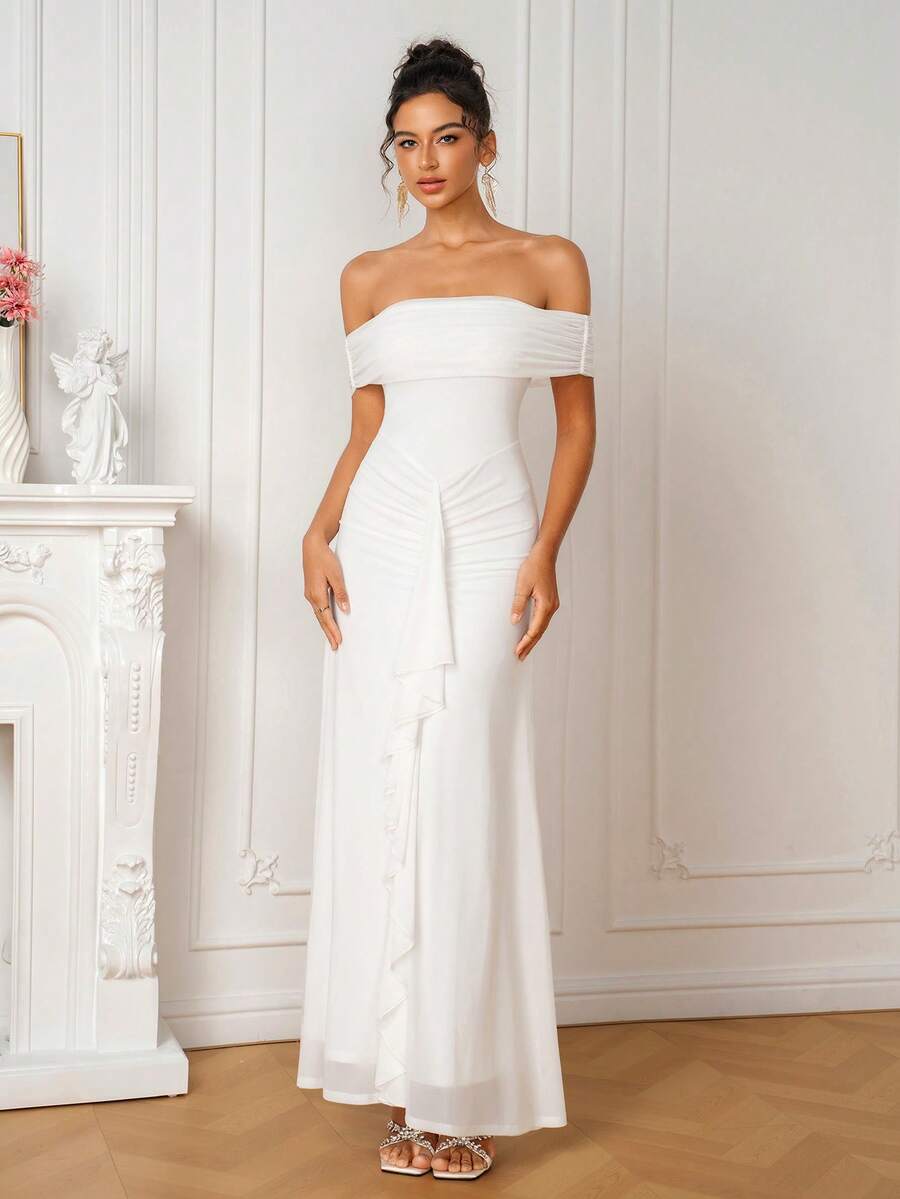 PARTHEA Women's Elegant Off-Shoulder Ruched Waist Long Dress, White Ruffle Trim Fitted Maxi Dress, Suitable For Cocktail Party, Evening Event, Wedding - White - View 1
