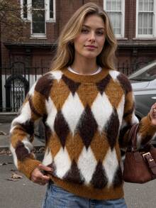 Pullover Wanita Lengan Panjang Bahan Plush Motif Berlian - Coklat - View 2