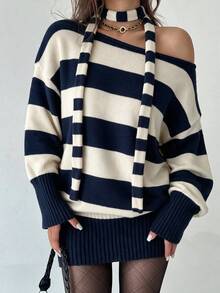 Fall/Winter One-Shoulder Striped Knit Dress, Casual Off-Shoulder Knitted Dress - Blue and White - View 2