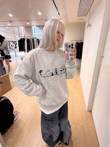Women's Long Sleeve Crew Neck Sweatshirt, Playful Cute Ghost Print, Faux Embroidery Effect, Suitable For Autumn/Winter Wear - Light Grey - View 7