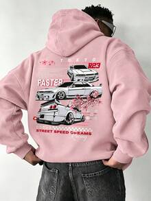 Men's Tokyo Racing Car Front & Back Print Hoodie, Loose Racing Style Streetwear Pullover - Pink - View 3