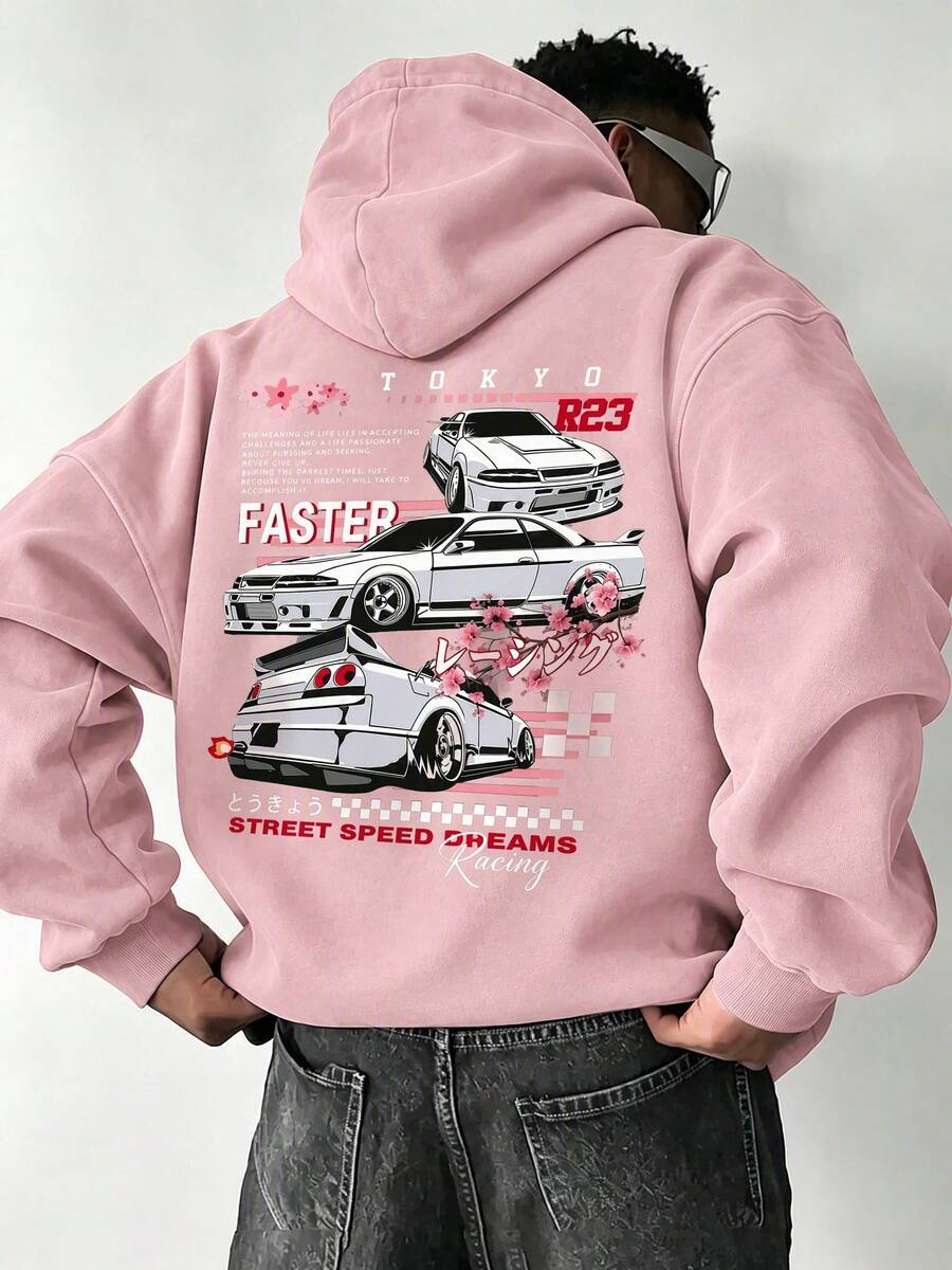 Men's Tokyo Racing Car Front & Back Print Hoodie, Loose Racing Style Streetwear Pullover - Pink - View 1