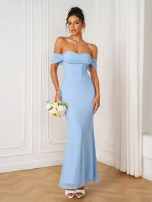 PARTHEA Women Elegant Light Blue Off‑Shoulder Mesh Mermaid Maxi Dress, Corset Style Party Long Gown - Baby Blue - View 8
