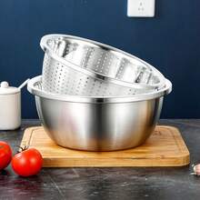 2pcs Stainless Steel Colander Set (Colander + Washing Basin), Large Capacity Stackable Storage, For Washing Vegetables, Fruits, Noodles And Draining Pasta And Beating Eggs, Suitable For Kitchen Food Storage, Cooking, Baking And Cleaning, Kitchen Storage Supplies, Fruit Drainage Basket, Storage Basket, Vegetable Strainer - Multiple Sizes - View 5