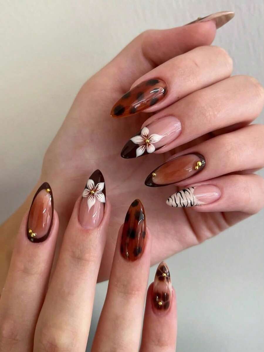 Set Kuku Tempel Motif Leopard Kelopak Bunga Gaya Prancis Warna Karamel Musim Gugur, 24 Buah, Bentuk Almond Sedang, Stiker Kuku, Set Manikur - MultiWarna - View 1