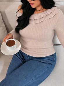 Plus-Size Women's Apricot-Colored Ribbed Peplum One-Shoulder Knitted Top, Highly Elastic And Comfortable Pullover For Autumn And Winter. - Apricot - View 2