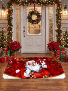 1pc/3pcs Christmas Series Santa Claus Pattern Bathroom Rug Set, Velvet Material, Kitchen Bathroom Bedroom Washable Floor Carpet Decor, Christmas Decoration, Set Includes Bath Mat, U-Shaped Contour Mat And Vanity Mat - A - View 5