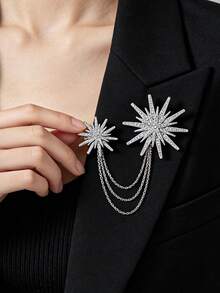 1pc Octagonal Star Gear Rhinestone Brooch, Creative Tassel Brooch Set, Casual Daily Wear - Silver - View 2