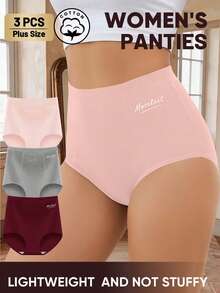 MEIYATING 3pcs Plus Size Women's High Waist Tummy Control Cotton Comfortable Daily Triangle Panties With English Print - Multicolor - View 2