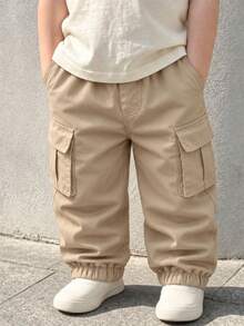1pc Baby Boy Simple Outdoor Sports Workout Cuffed Multi-Pocket Cargo Pants, Suitable For Spring And Autumn - Khaki - View 1