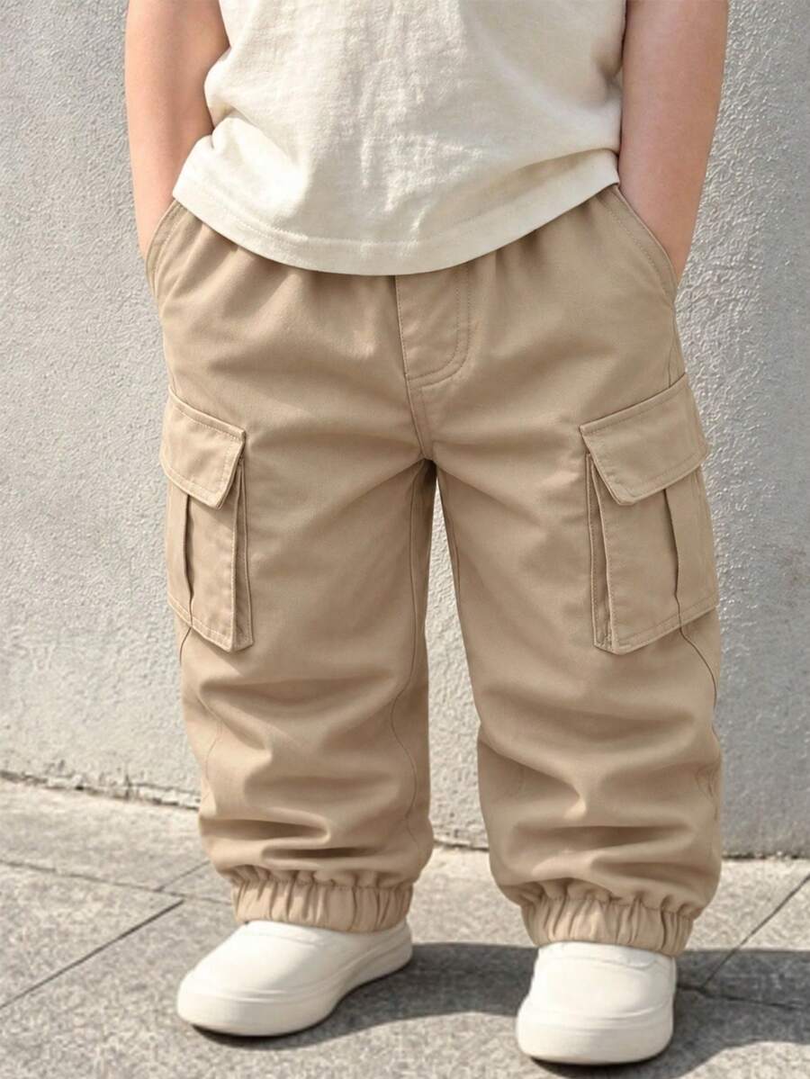 1pc Baby Boy Simple Outdoor Sports Workout Cuffed Multi-Pocket Cargo Pants, Suitable For Spring And Autumn - Khaki - View 1