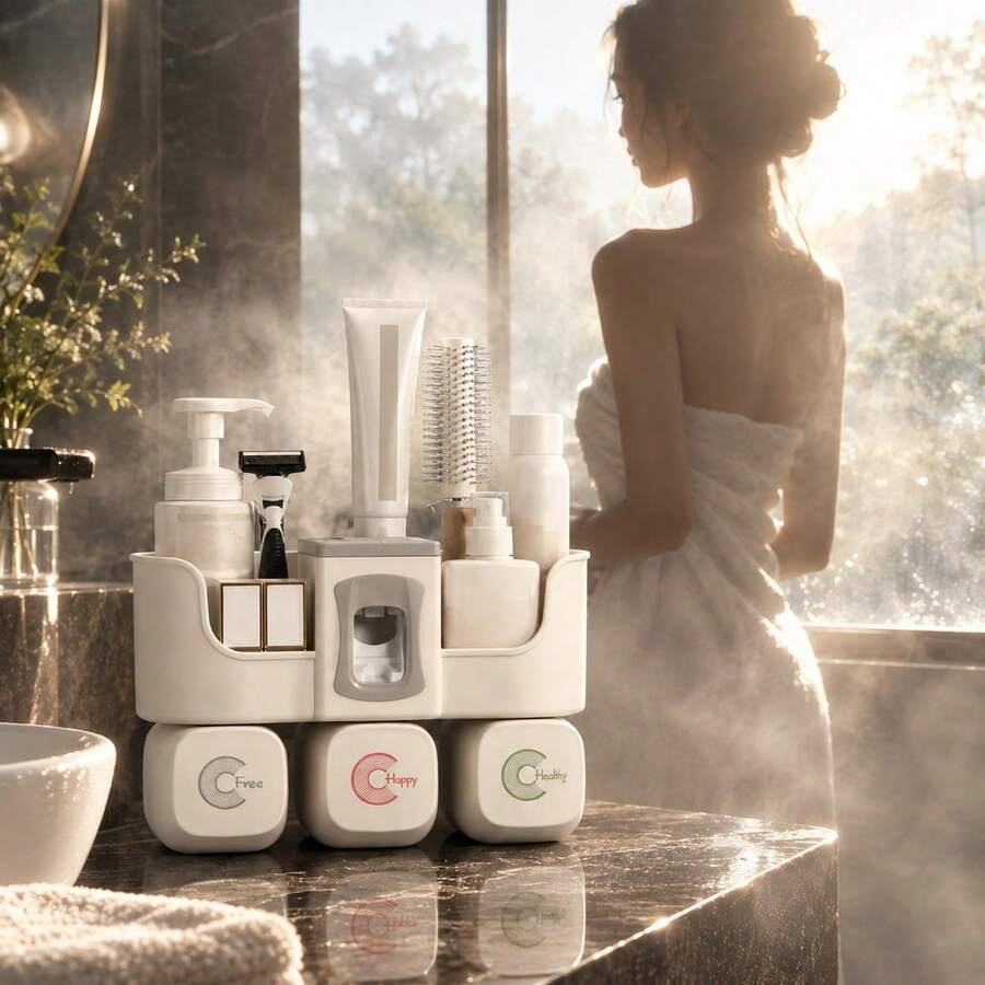 2-In-1 Toothbrush Holder,Toothbrush Storage Rack With Toothpaste Dispenser,Modern Bathroom Plastic Storage Rack,Wall Mounted,No-Drill Installation,Unisex MultiFunction Toothbrush Rack,Suitable For Electric And Regular Toothbrushes,Bathroom Accessory