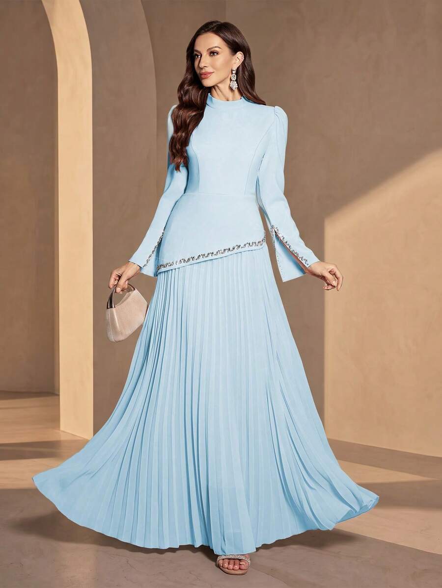Women's Solid Color Mandarin Collar Asymmetrical Rhinestone Cuff Ruched Maxi Dress, Soft Fabric Birthday Party Dress Wedding Spring Fall - Baby Blue - View 1