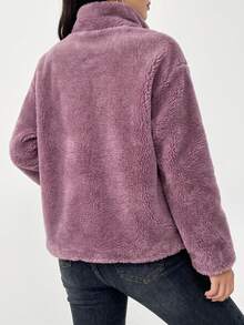Abrigo casual de mujer morado, peludo, con cremallera completa, cuello alto, manga larga, corte regular, con cordón y bolsillos, prenda de abrigo cálida para otoño e invierno - Morado - Ver 2