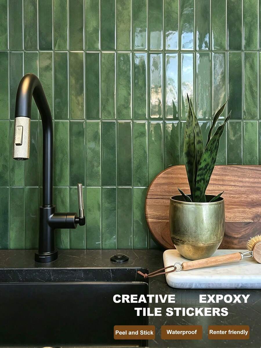 1/10/20pcs Self-Adhesive Kitchen Wall Tile Stickers, Waterproof & Oil-Proof, Deep Emerald Green, Vertical Splash Guard, Peel & Stick PVC Decals, Easy To Clean, Suitable For Kitchen Sink, Stove, Bathroom, Home Decor, Removable, DIY, Stain-Free, Halloween, Thanksgiving - Dark Green Kitchen Wallpaper - View 1