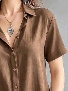 Casual Basic Plus Size Women's Button-Up Short Sleeve Shirt Blouse - Brown - View 5