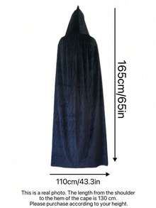 1pc Black Velvet Hooded Cape, Halloween Cloak, Halloween Cosplay Costume - Black - View 11
