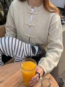 Women's Casual Elegant Vintage Button Design Knitted Cardigan Sweater, Suitable For Office Work And Daily Wear - Apricot - View 5