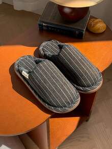 Men's Striped Closed-Toe Thick Lining Slippers, Warm Feet, Minimalist Retro Style, Suitable For Bedroom And Home Wear, Minimalist Home Essential - Dark Grey - View 2