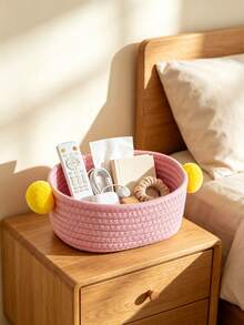 1pc Handmade Cotton Rope Woven Storage Baskets, Soft Texture, Macaron Pastel Color, Braided Weave Pattern, All Season, Minimalist Nordic Style, For Adults, Desktop, Bedroom, Home Tabletop Organizer For Cosmetics, Sundries & Toys - Multicolor - View 14