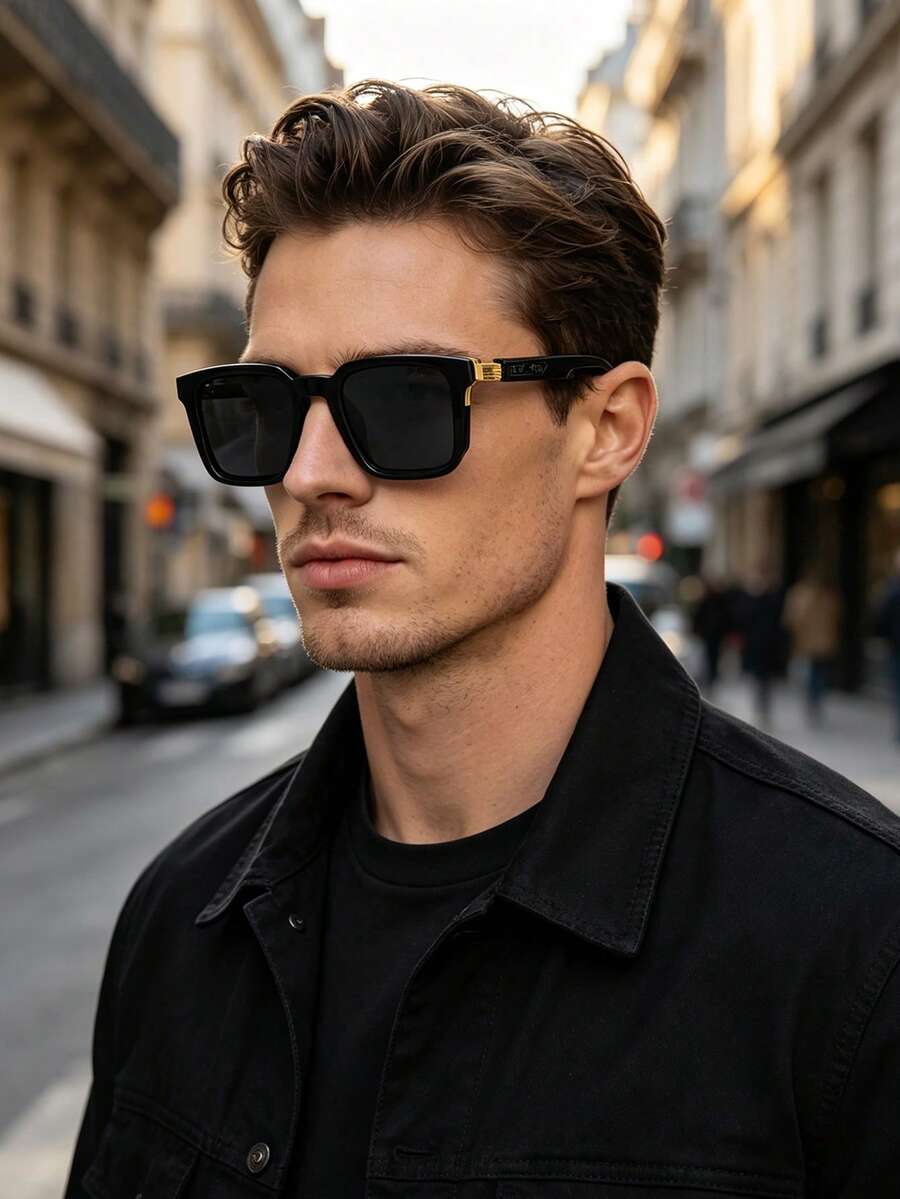 RENNES 1pc Men's Classic Square Frame Fashion Glasses, Gold Decorative Details On Temples, Thick Durable PC Frame With Gradient Transparent Lenses, Suitable For Daily Wear And Summer Vacation - Multicolor - View 1