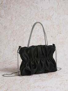 1pc PU Leather Bag, Party Handbag, Ruched Cloud Shaped Wallet, Chain Crossbody Shoulder Bag - Black - View 3