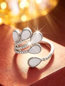 1pc Fashion Classic Leaf Branch Water Drop Shape Open Ring, Niche Design Luxury Women's Jewelry, Holiday Gift Accessory - Open Ring - View 3