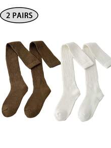 1/2/4 Pairs Women's Over-The-Knee Socks, Thickened Warm Double-Needle Solid Color Minimalist Thigh High Socks For Autumn/Winter, Can Be Paired With Boots, Daily Wear - Multicolor - View 28