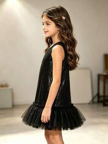 Girls Rainbow Sequin Tank Dress, Children's Summer Princess Gradient Color Party Dress - Black - View 3