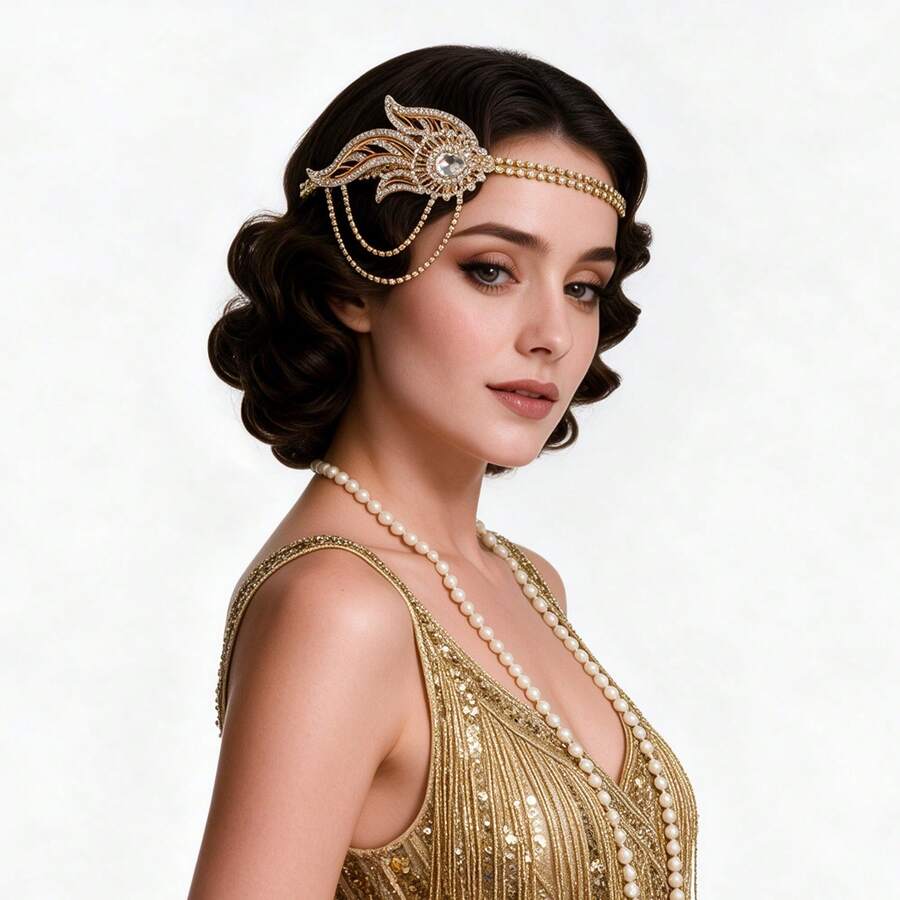 1920s Flapper Headpiece Flapper Headband Rhinestones Roaring 20s Hair Accessories For Women - A - View 1