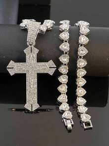 European And American Hip Hop Full Rhinestone Cross Pendant Necklace, Heart-Shaped Rhinestone Chain Men's Cool Accessory, Street Style Personalized Jewelry Gift - Cross Pendant Necklace - View 11