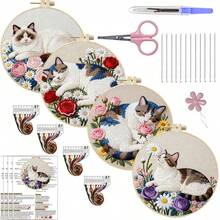 2D Flat Punch Needle Embroidery Kit For Beginners - Complete Embroidery Starter Set Including Tools And Instructions, DIY Punch Needle Embroidery Kit, Cat And Flower, Sleeping Cat, Cat Holding Flower, Cat Looking Up Embroidery Needle Beginner Handmade Kit Easy To Make Adult Holiday Gift And Decoration, Bamboo Frame Style Random - A - View 1