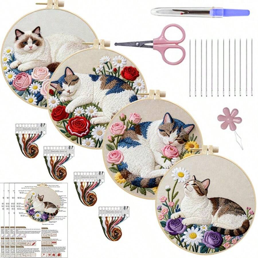 2D Flat Punch Needle Embroidery Kit For Beginners - Complete Embroidery Starter Set Including Tools And Instructions, DIY Punch Needle Embroidery Kit, Cat And Flower, Sleeping Cat, Cat Holding Flower, Cat Looking Up Embroidery Needle Beginner Handmade Kit Easy To Make Adult Holiday Gift And Decoration, Bamboo Frame Style Random - A - View 1