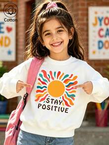 Children's White Crew-Neck Sweatshirt: STAY POSITIVE Colorful Hand-Painted Sun Print Energetic Long-Sleeve Top - White - View 1