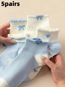 Women's Blue Bowknot Heart Pattern Short Socks, Cute Style, Soft & Skin-Friendly, Campus Wear, Casual Versatile - Multicolor - View 16