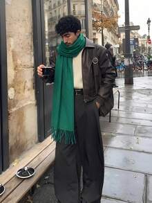 1件秋冬時尚優雅純色羊毛保暖披肩圍巾，中性休閒防寒流蘇披肩，適合日常穿著，節日禮物首選，情侶拍照必備 - 祖母綠 - 查看 3