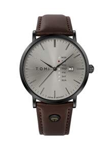 TOMI 1件裝 男士超薄極簡石英手錶，附日期顯示，PU皮革錶帶，高級小眾風格，適合日常配戴，節日禮物，年終聖誕送禮 - 棕色 - 查看 6