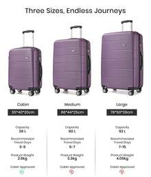 Travel Luggage Set 3 Piece Hard Shell Suitcase With Spinner Wheels TSA Lock Cabin Carry On 20 Inch 24 Inch Medium 28 Inch Large ABS+PC Case Purple - Purple - View 3