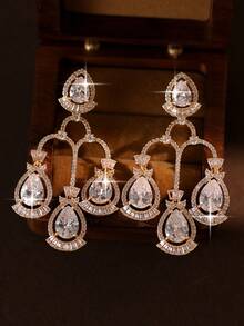 1pair Elegant Tassel Vintage Water Drop Design Cubic Zirconia Pendant Earrings For Daily Wear,Date,Wedding,Party,Anniversary Gift - Yellow Gold - View 4