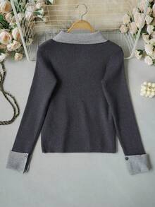 2026 Early Autumn New Colorblock Collared Knit Sweater Women's Elegant Ribbed Slim Fit Flattering Long Sleeve Base Layer Top Fall - Grey - View 9