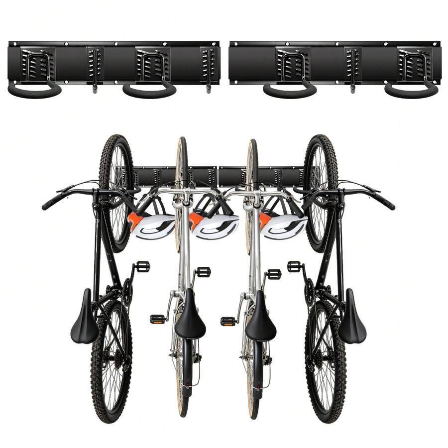 Bike Wall Mount, 2 Rails 4 Bike Hooks 3 Helmet Hooks, Wall Mounted Bike Storage Rack Garage Organizer - Black - View 1