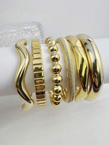imoli 6pcs/Set Vintage Stackable Asymmetrical Geometric Wave Metal CCB Round Bangle Bracelet Set, Suitable For Women's Daily Wear And Layering Jewelry - Gold - View 8