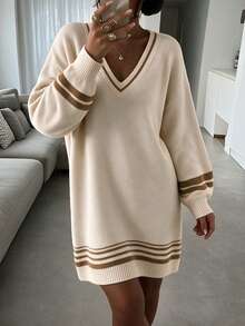 SEREN Women's V-Neck Knit Dress, Loose Casual Long Sleeve Pullover, Suitable For Autumn/Winter - Apricot - View 3